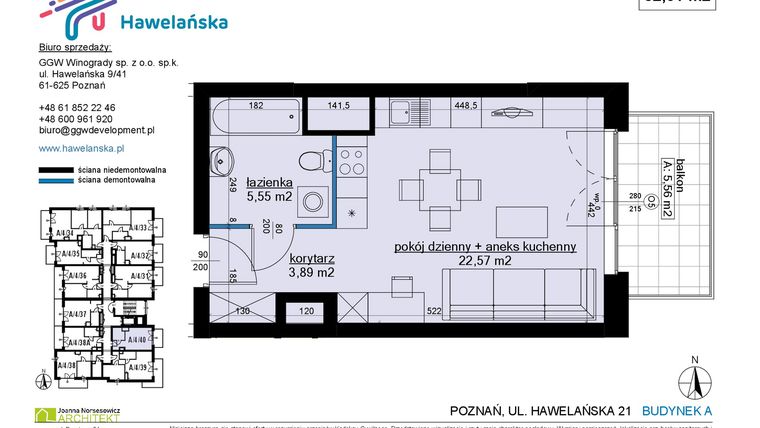Rzut - Mieszkanie na sprzedaż 1 pokój o powierzchni 32,01 m² - numer A/4/40 w Osiedle Hawelańska etap III - bud. A