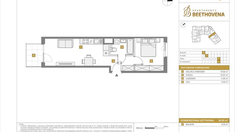 Rzut - Mieszkanie na sprzedaż 2 pokoje o powierzchni 38,95 m² - numer D38 w Apartamenty Beethovena etap 2
