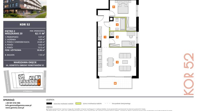 Rzut - Mieszkanie na sprzedaż 3 pokoje o powierzchni 59,98 m² - numer M20 w KOR 52