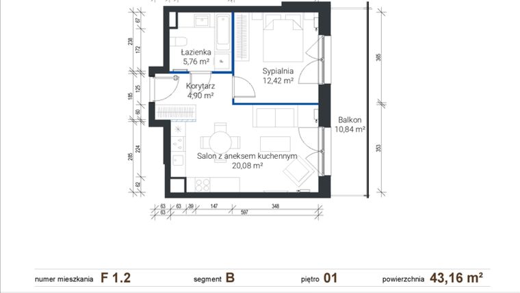 Rzut - Mieszkanie na sprzedaż 2 pokoje o powierzchni 43,16 m² - numer F 1.2 w Nowe Zabłocie