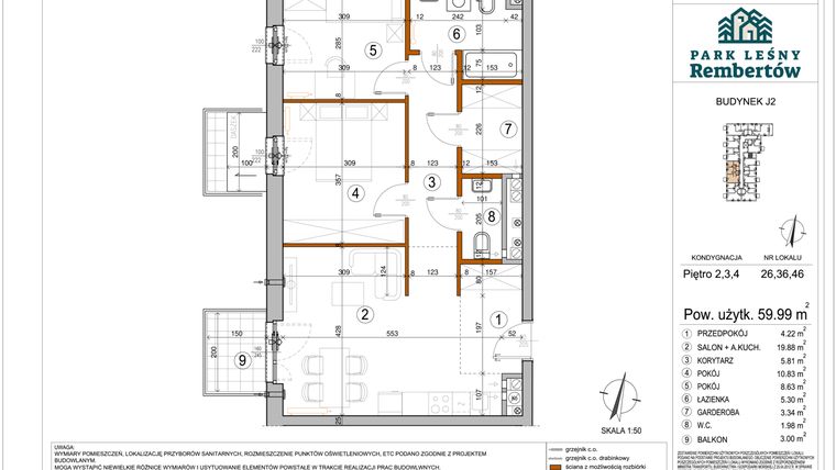 Rzut - Mieszkanie na sprzedaż 3 pokoje o powierzchni 59,99 m² - numer J2-26 w Park Leśny Rembertów etap VIII