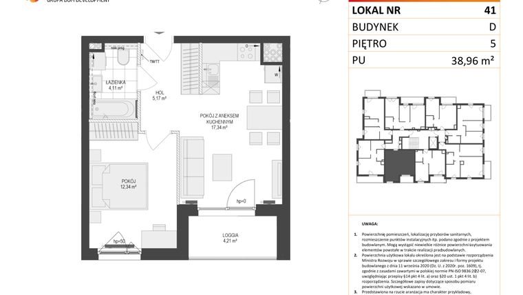 Rzut - Mieszkanie na sprzedaż 2 pokoje o powierzchni 38,96 m² - numer D.41 w Osiedle Warszawska etap II