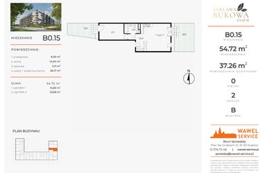 Rzut - Mieszkanie na sprzedaż 2 pokoje o powierzchni 54,72 m² - numer B0.15 w Enklawa Bukowa II