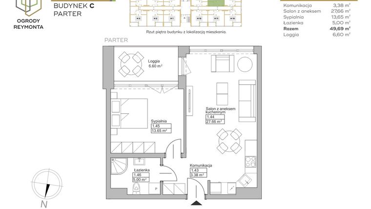 Rzut - Mieszkanie na sprzedaż 2 pokoje o powierzchni 49,69 m² - numer M8 w Ogrody Reymonta