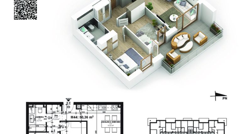 Rzut - Mieszkanie na sprzedaż 3 pokoje o powierzchni 50,36 m² - numer 44 w Piano Park etap V