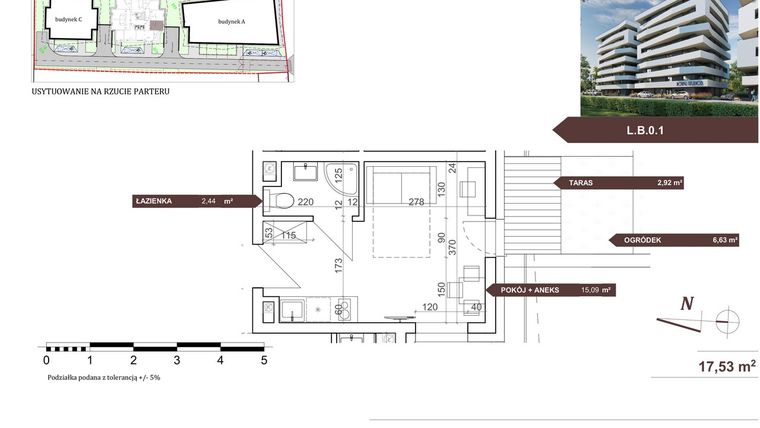 Rzut - Mieszkanie na sprzedaż 1 pokój o powierzchni 17,73 m² - numer L.B.0.1 w Royal Studios Smart Apartments etap 2