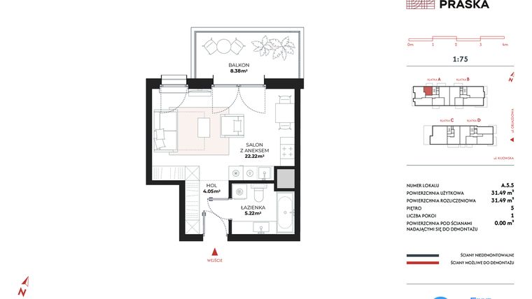 Rzut - Mieszkanie na sprzedaż 1 pokój o powierzchni 31,49 m² - numer A.5.5 w Drucianka Praska