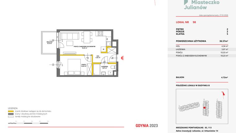 Rzut - Mieszkanie na sprzedaż 2 pokoje o powierzchni 36,26 m² - numer 98 w Miasteczko Julianów