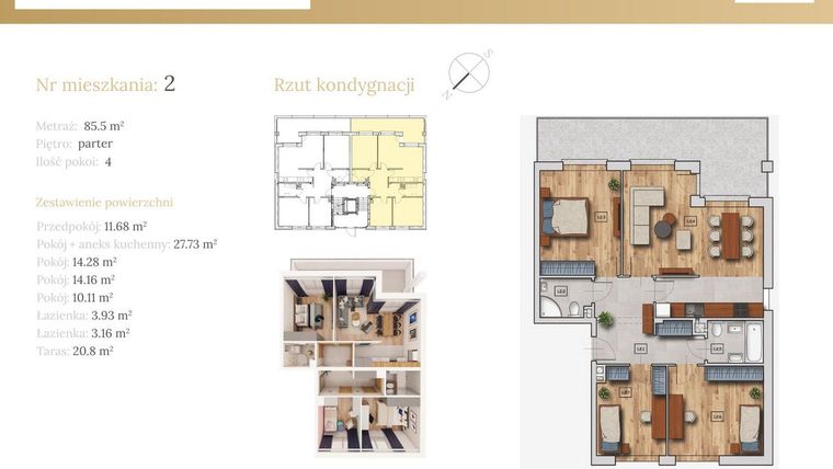 Rzut - Mieszkanie na sprzedaż 4 pokoje o powierzchni 85,05 m² - numer 51B.2 w Dębowa 51
