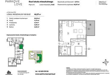 Rzut - Mieszkanie na sprzedaż 2 pokoje o powierzchni 42,27 m² - numer B.62 w Parkove Love