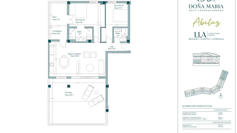Rzut - Mieszkanie na sprzedaż 2 pokoje o powierzchni 126 m² - numer 1A w Finca Dona Maria