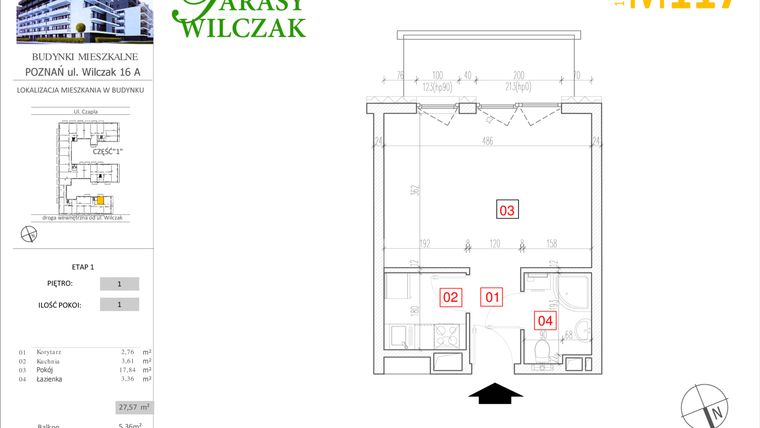 Rzut - Mieszkanie na sprzedaż 1 pokój o powierzchni 27,57 m² - numer M-117 w Tarasy Wilczak