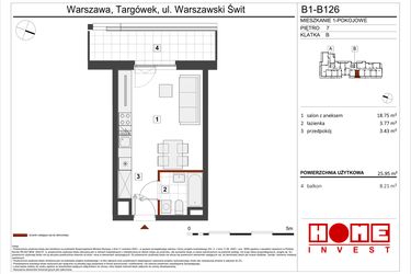 Rzut - Mieszkanie na sprzedaż 1 pokój o powierzchni 25,95 m² - numer B1-B126 w Warszawski Świt etap VIII