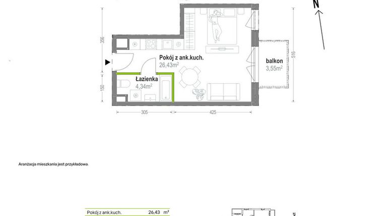 Rzut - Mieszkanie na sprzedaż 1 pokój o powierzchni 30,77 m² - numer A.A.3.03 w Głębocka Vita