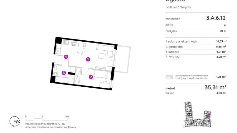 Rzut - Mieszkanie na sprzedaż 1 pokój o powierzchni 35,31 m² - numer 3.A.6.12 w Murapol Agosto