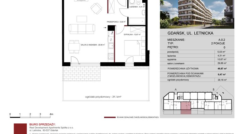 Rzut - Mieszkanie na sprzedaż 2 pokoje o powierzchni 49,87 m² - numer A.0.02 w Letnicka Residence