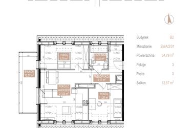 Rzut - Mieszkanie na sprzedaż 3 pokoje o powierzchni 53,8 m² - numer SWA/2/31/E w Apartamenty Świeradowska