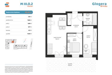 Rzut - Mieszkanie na sprzedaż 3 pokoje o powierzchni 48,46 m² - numer M III.0.2 w Glogera Bricks
