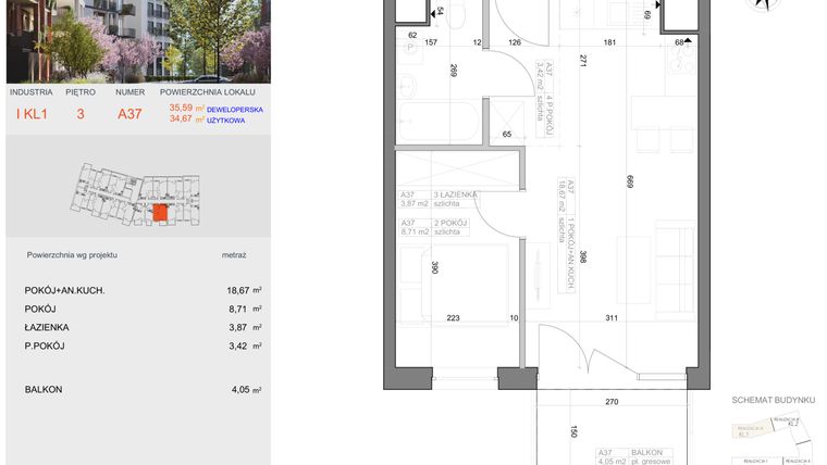 Rzut - Mieszkanie na sprzedaż 2 pokoje o powierzchni 34,67 m² - numer I-A37 w Industria etap I-A