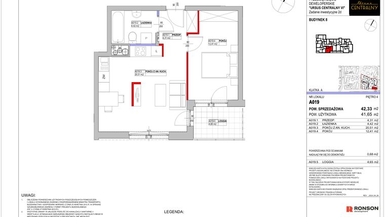 Rzut - Mieszkanie na sprzedaż 2 pokoje o powierzchni 42,33 m² - numer 8.A019 w Ursus Centralny etap VI
