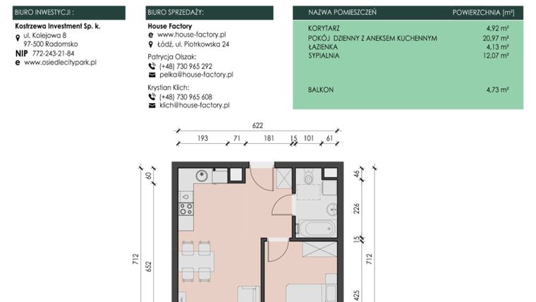 Rzut - Mieszkanie na sprzedaż 2 pokoje o powierzchni 42,09 m² - numer 13 w Osiedle City Park