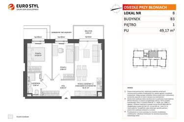 Rzut - Mieszkanie na sprzedaż 3 pokoje o powierzchni 49,17 m² - numer B3.8 w Osiedle Przy Błoniach 3 etap III