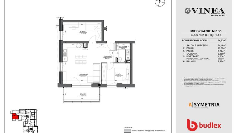 Rzut - Mieszkanie na sprzedaż 3 pokoje o powierzchni 54,63 m² - numer 35 w Apartamenty Vinea