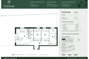 Rzut - Mieszkanie na sprzedaż 4 pokoje o powierzchni 74,99 m² - numer B.1.3 w IVY HOUSE