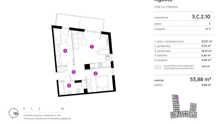 Rzut - Mieszkanie na sprzedaż 1 pokój o powierzchni 53,88 m² - numer 3.C.2.10 w Murapol Agosto