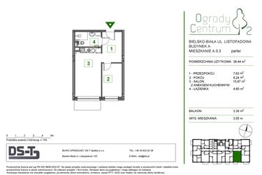 Rzut - Mieszkanie na sprzedaż 2 pokoje o powierzchni 36,44 m² - numer A.0.3 w Ogrody Centrum 2