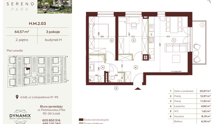 Rzut - Mieszkanie na sprzedaż 3 pokoje o powierzchni 64,57 m² - numer H.M.2.03 w Sereno Park
