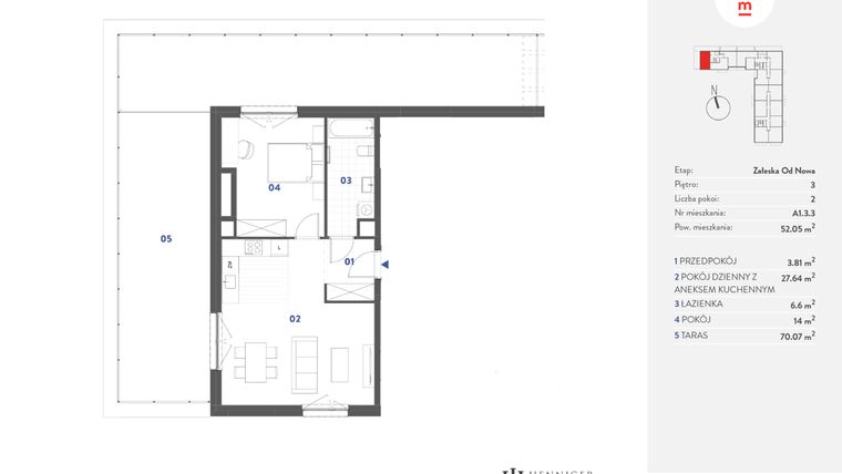 Rzut - Mieszkanie na sprzedaż 2 pokoje o powierzchni 52,05 m² - numer A1.3.3 w Mieszkaj w mieście Załęska od Nowa