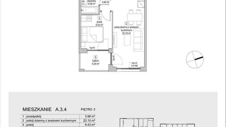 Rzut - Mieszkanie na sprzedaż 2 pokoje o powierzchni 39,57 m² - numer A.3.4 w ATAL Symbioza IA