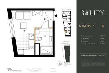 Rzut - Mieszkanie na sprzedaż 1 pokój o powierzchni 16,78 m² - numer A.04.05 w 3 lipy