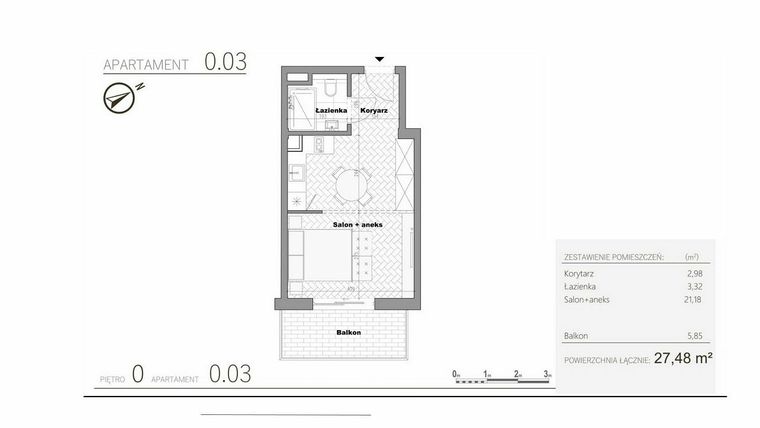 Rzut - Mieszkanie na sprzedaż 1 pokój o powierzchni 27,48 m² - numer 1.3 w Villa Książąt Pomorskich