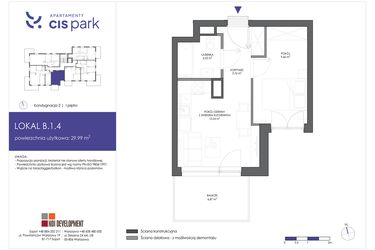 Rzut - Mieszkanie na sprzedaż 2 pokoje o powierzchni 29,99 m² - numer B.1.4 w CIS Park