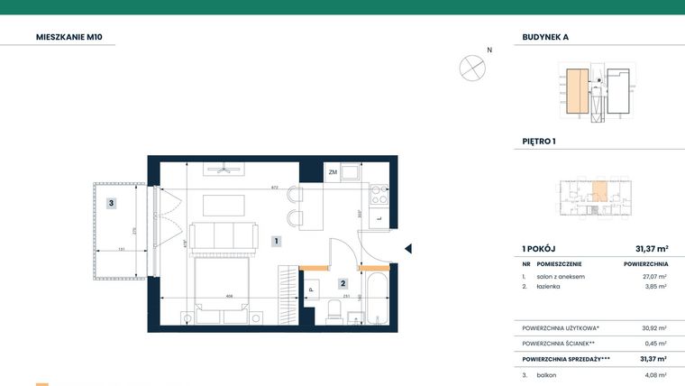 Rzut - Mieszkanie na sprzedaż 1 pokój o powierzchni 30,92 m² - numer M10 w Reneta