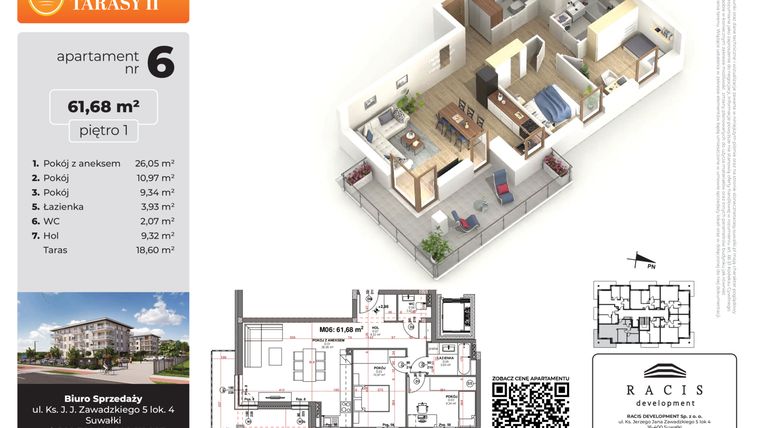 Rzut - Mieszkanie na sprzedaż 3 pokoje o powierzchni 61,68 m² - numer 6 w Słoneczne Tarasy II