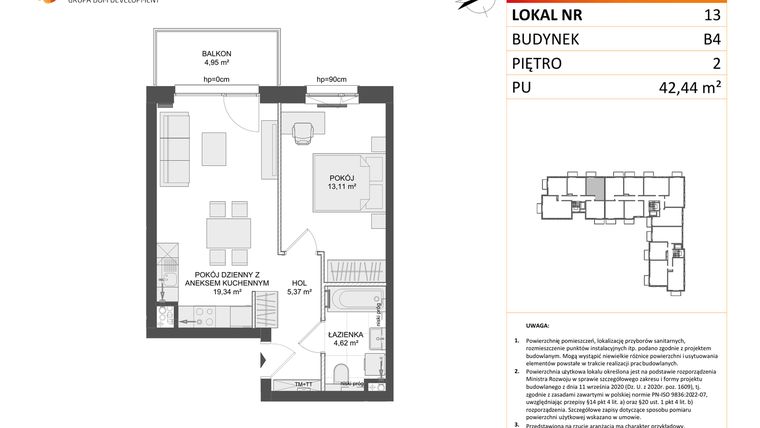 Rzut - Mieszkanie na sprzedaż 2 pokoje o powierzchni 42,44 m² - numer B4.13 w Osiedle Przy Błoniach 3 etap III