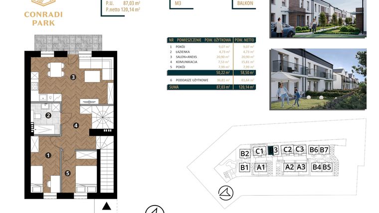 Rzut - Mieszkanie na sprzedaż 4 pokoje o powierzchni 120,14 m² - numer B3.M3 w Conradi Park