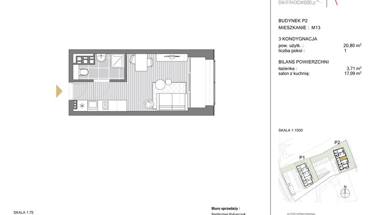 Rzut - Mieszkanie na sprzedaż 1 pokój o powierzchni 25,7 m² - numer P2 M13 w Swieradow600