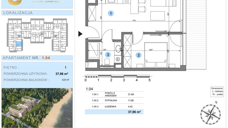 Rzut - Mieszkanie na sprzedaż 1 pokój o powierzchni 37,96 m² - numer 1.4 w Ustronie Luxury Apartments