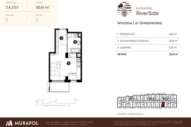 Rzut - Mieszkanie na sprzedaż 1 pokój o powierzchni 30,61 m² - numer 3.A.2.07 w Murapol RiverSide
