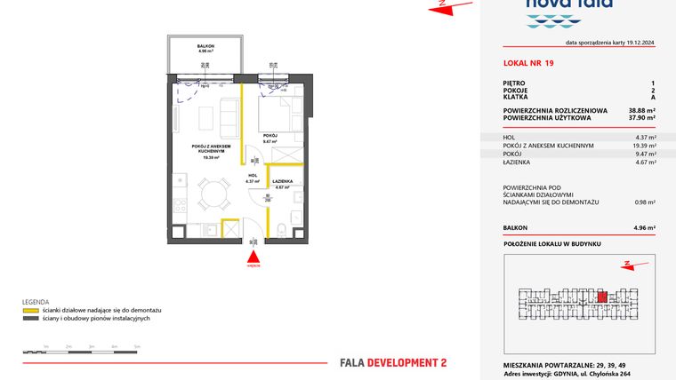 Rzut - Mieszkanie na sprzedaż 2 pokoje o powierzchni 38,88 m² - numer 19 w Miasteczko Nova Fala