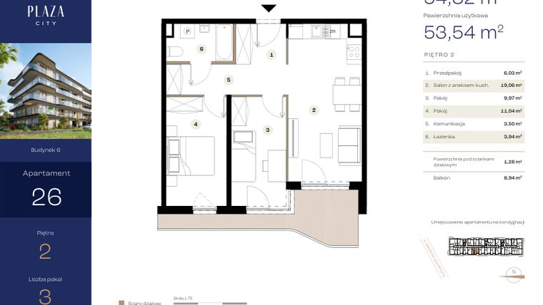 Rzut - Mieszkanie na sprzedaż 3 pokoje o powierzchni 54,82 m² - numer B6M26 w Plaza City