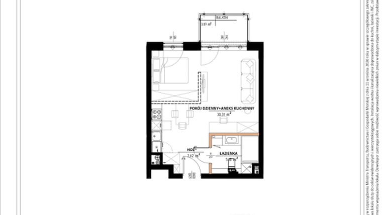 Rzut - Mieszkanie na sprzedaż 2 pokoje o powierzchni 38,78 m² - numer B.1.72 w Daszyńskiego Square etap 1