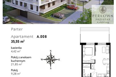 Rzut - Mieszkanie na sprzedaż 2 pokoje o powierzchni 35,55 m² - numer A.008 w Perłowa Przystań - Kołobrzeg - etap II