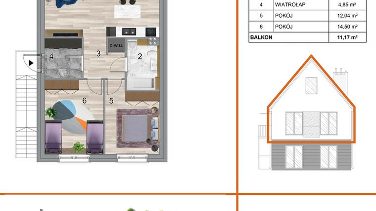 Rzut - Mieszkanie na sprzedaż 3 pokoje o powierzchni 73,73 m² - numer 2A2 w Osiedle Tymiankowe w Krzeptowie