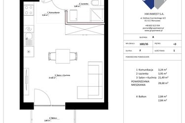 Rzut - Mieszkanie na sprzedaż 1 pokój o powierzchni 28,68 m² - numer 10D/35 w Jasielska 8C etap II