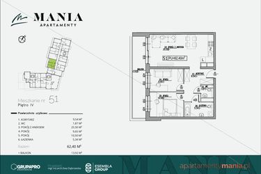 Rzut - Mieszkanie na sprzedaż 3 pokoje o powierzchni 62,4 m² - numer 51 w MANIA Apartamenty